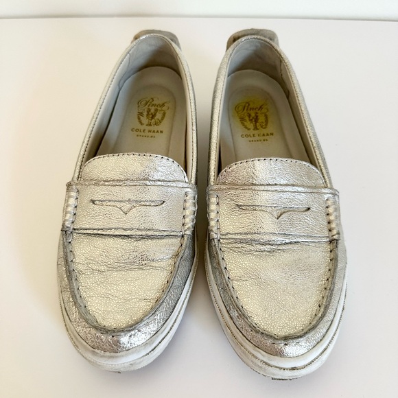 Cole Haan Pinch Weekender Metallic Silver Leather Boat Shoes Loafers - Picture 4 of 10